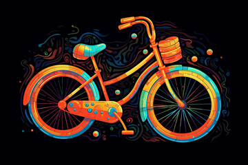 Colorful illustration of a retro bicycle, isolated on black