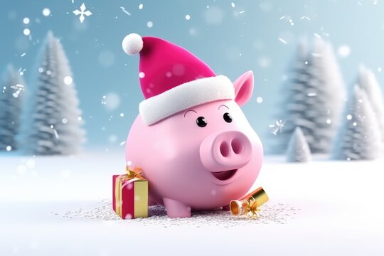 pink piggy bank with christmas santa hat