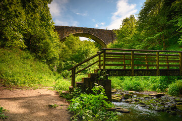 Causey Arch Footbridge and Burn.  Causey Arch Country Park consists of a deep ravine with woodland and Causey Burn, the arch is the oldest single arch railway bridge and is located in County Durham