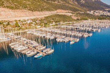 Fototapeta na wymiar Yachts anchored at yacht club marina in Turkey, Aerial view