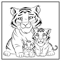 Tiger Family Coloring Book Page Cartoon Ilustration