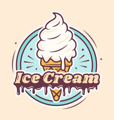 Ice Cream Cafe logo cartoon design. Ice cream in a waffle cone with a text. Template. Cute illustration