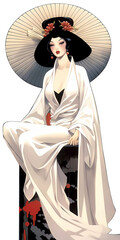 Fashion illustration. Woman in kimono and in a hat. Illustration for postcard, print on t-shirt, to the magazine, poster or interior.