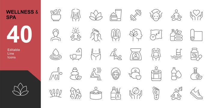 Wellness and Spa Line Editable Icons set. Vector illustration in modern thin line style of components of a healthy lifestyle, face and body care, recreation. Pictograms and infographics
