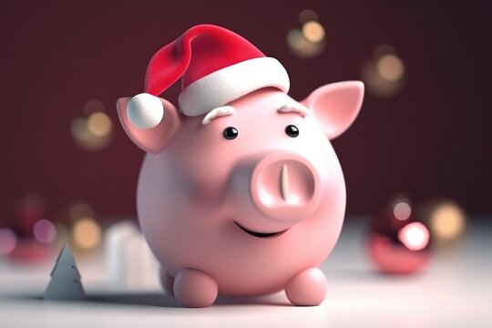 3d illustration pink piggy bank with christmas santa hat, AI