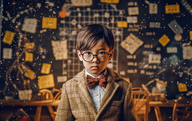 Schoolboy surrounded by numbers, equations and mathematical operations, thoughtful and concentrated look