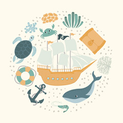 Vector ocean illustration with ship,whale,treasure chest,turtle,anchor,lifebuoy,crab, shrimp, coral.Underwater marine animals.Ecology design for banner,flyer,postcard, website design,t-shirt,poster