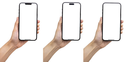 Obraz na płótnie Canvas Hand holding the black smart phone with blank screen and modern frameless design in two rotated perspective positions - isolated on white background - Clipping Path 