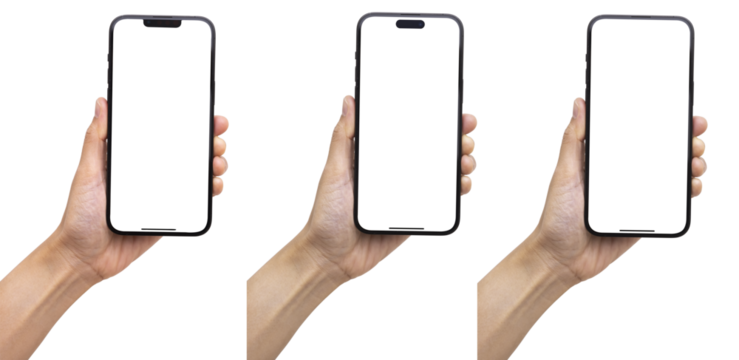 Hand holding the black smart phone with blank screen and modern frameless design in two rotated perspective positions - isolated on white background - Clipping Path	
