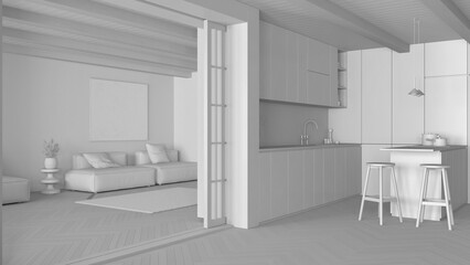 Total white project draft, japandi modern kitchen and living room. Cabinets and island, sofa and carpets, paper sliding door and parquet. Minimalist interior design