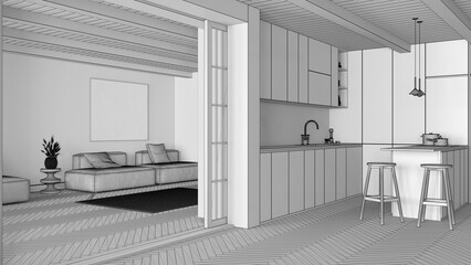 Blueprint unfinished project draft, japandi modern kitchen and living room. Cabinets and island, sofa and carpets, paper sliding door and parquet. Minimalist interior design