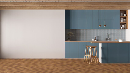 Minimal japandi kitchen in wooden and blue tones. Mockup with copy space. Island with stools, accessories and herringbone parquet. Clean interior design