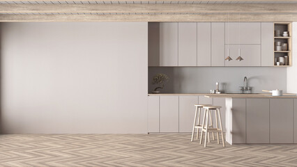 Minimal japandi kitchen in bleached wooden and white tones. Mockup with copy space. Island with stools, accessories and herringbone parquet. Clean interior design © ArchiVIZ