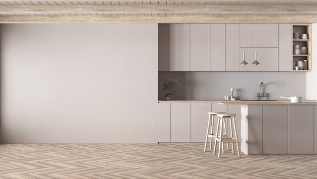 Minimal japandi kitchen in bleached wooden and white tones. Mockup with copy space. Island with stools, accessories and herringbone parquet. Clean interior design
