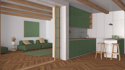 Japandi modern kitchen and living room in wooden and green tones. Cabinets and island, sofa and carpets, paper sliding door and parquet. Minimalist interior design