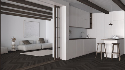 Japandi modern kitchen and living room in dark wooden and white tones. Cabinets and island, sofa and carpets, paper sliding door and parquet. Minimalist interior design