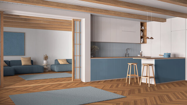 Minimal japandi kitchen and living room in wooden and blue tones. Cabinets and island, sofa and carpet, paper sliding door and parquet. Modern interior design