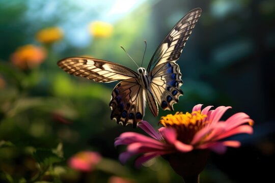 Closeup View of Summer's Beauty: Butterfly on Flower - AI Generated
