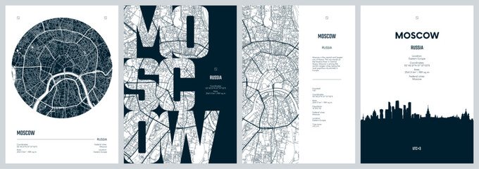 Set of travel posters with Moscow, detailed urban street plan city map, Silhouette city skyline, vector artwork