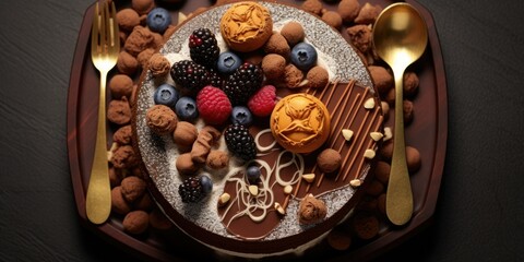 Birthday Chocolate Cake: Top View of Decoration - AI Generated