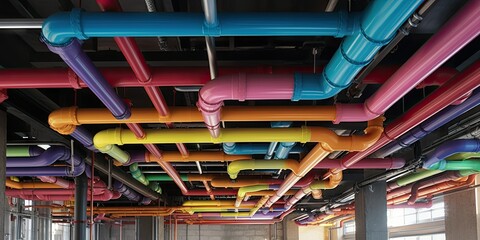 Colorful Industrial Ceiling Pipes: Complexity and Aesthetic - AI Generated