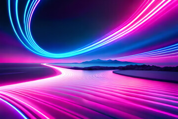 3d render, discoteque, full of people, party, abstract minimal neon background, pink blue neon lines going up, glowing in ultraviolet spectrum. Cyber space. Laser show. Futuristic wallpaper