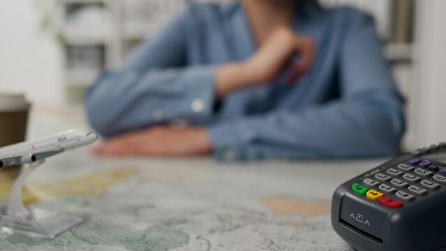 Vacation, Efficient receptionist Issuing plane tickets quickly, In the conference room, Close-up Employee at the workplace Works in a travel agency Helps with paperwork, Rest on vacation
