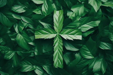 Naklejka na ściany i meble Culture and religion concept. Top view of christian cross made of green leaves and placed on bright background with copy space. Generative AI