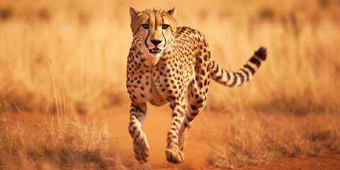 Cheetah running at full speed through the savanna. Generative AI
