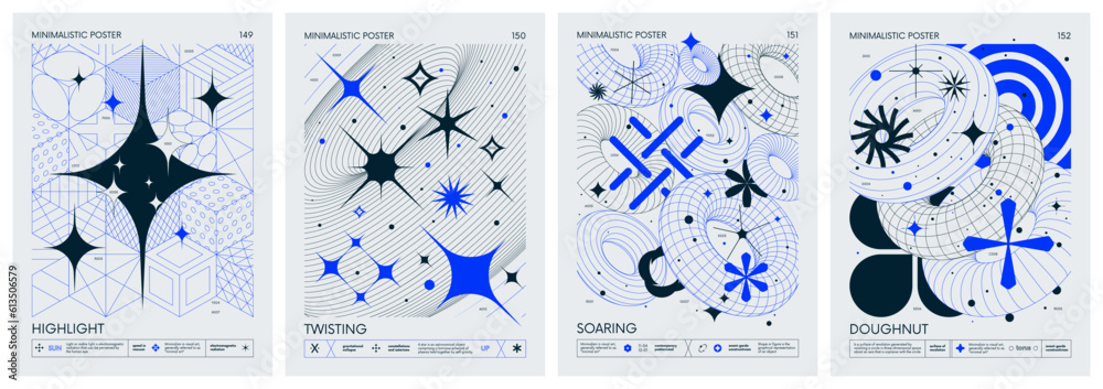 Aufkleber Futuristic retro vector color minimalistic Posters with 3d strange wireframes form graphic of geometrical shapes modern design inspired by brutalism and silhouette basic figures, set 38