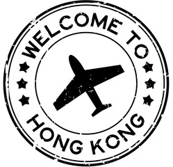 Grunge black welcome to hong kong with airplane icon round rubber seal stamp on white background - obrazy, fototapety, plakaty