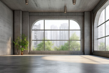 Dynamic meeting environment: 3D rendering of concrete room with wall mock-up, window, and urban backdrop. Generative AI