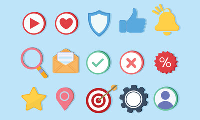 Social media icons, online communication, digital marketing symbols. Like button, speech bubble, notification bell, hashtag icon vector set. Elements for networking sites, applications.