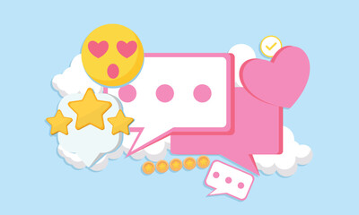 Social media marketing and promotion. Speech bubble message with smile emoji and feedback with stars. Network communication.