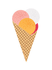 Ice cream in the form of balls with different colors and flavors in a crispy wafer cone isolated on a white background. Summer cold sweet dessert print. 