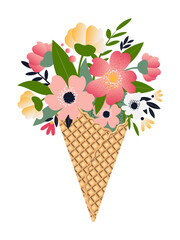 Different summer flowers in a waffle cone isolated on a white background. Cute print for postcards, holiday flyers. Vector.