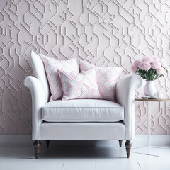 Stylish Armchair On Classic Victorian Pattern Wallpaper Wall, Living Room, Soft Window Light, Side Table with Metal texture Generative AI