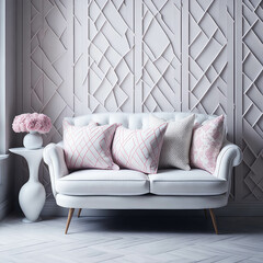 Cozy Sofa On Classic Victorian Pattern Wallpaper Wall, Living Room, Soft Window Light, Side Table with Metal texture Generative AI