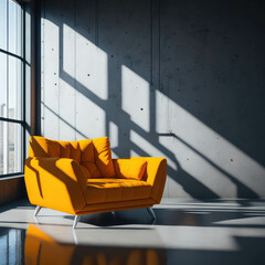 Fototapeta na wymiar Orange Cozy Armchair in Industrial Style Interior room, Window with Sunligh, Minimalism Simple decor, Polished Concrete Generative Ai