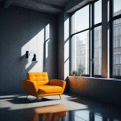 Orange Cozy Armchair in Industrial Style Interior room,  Window with Sunligh, Minimalism Simple decor, Polished Concrete Generative Ai