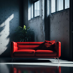 Red Cozy Sofa in Industrial Style Interior room,  Window with Sunligh, Minimalism Simple decor, Polished Concrete Generative Ai