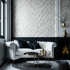 Cozy Sofa On Classic Victorian Pattern Wallpaper Wall, Living Room, Soft Window Light, Side Table with Metal texture Generative AI