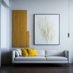 Bright Interior Color Room, Large Sofa With Pillows, Hanging  Lamps, Art Wood Panel Over Wall, Side table Generative Ai