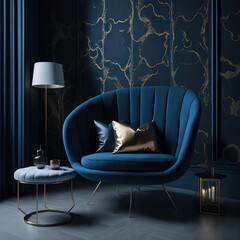 Stylish Armchair On Classic Victorian Pattern Wallpaper Wall, Living Room, Soft Window Light, Side Table with Metal texture Generative AI