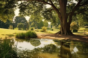 Beautiful green park with pond and sun. Generative AI