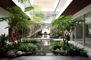 Fototapeta na wymiar atrium with trees and water modern building zen atmosphere