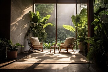 relaxing contemporary space with two armchairs and plants