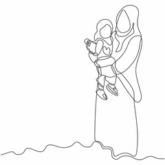 Happy Mother day card. Continuous one line drawing. Muslim Woman hold her baby. Parent day one line.
