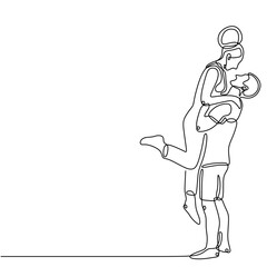 one line drawing of hugging couple relationship. Guy hugs girl and lifts her up. Human relationship, sincere feelings. - Vector illustration isolated on white background.