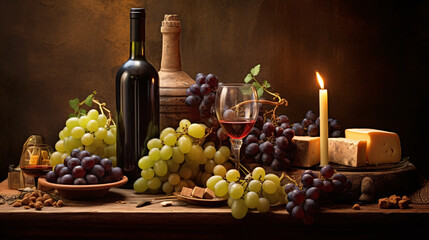Obraz premium A still life composition showcasing the elegance of wine, including a bottle, glasses, grapes, and cheese platter on a rustic wooden table. Generative ai.